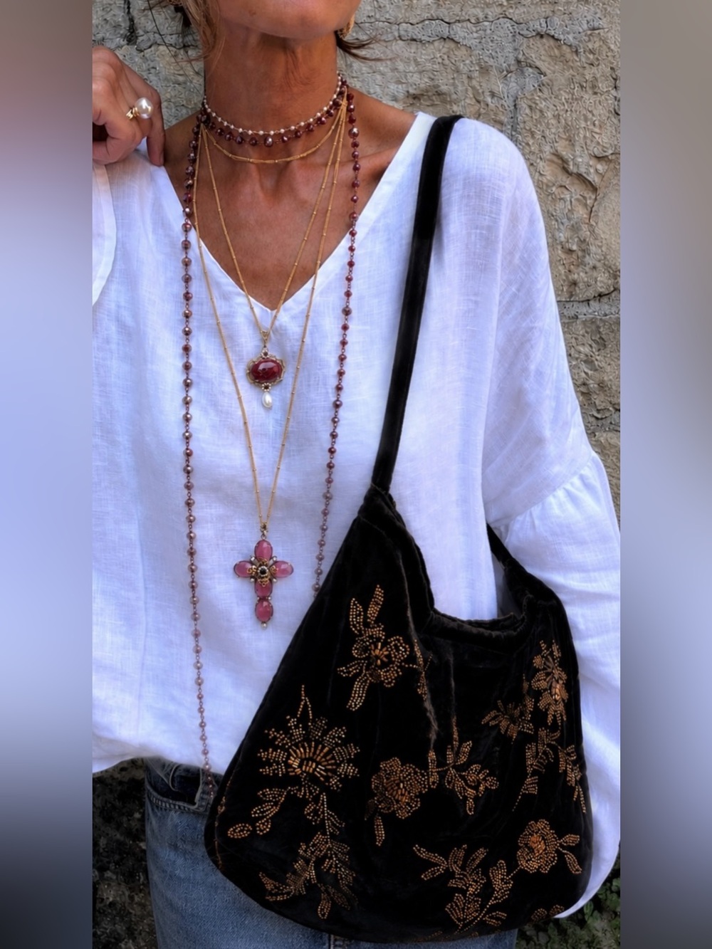 NWT๐บ$278 Johnny Was Femke Embroidered Beaded Silk Velvet Shoulder Bag Black